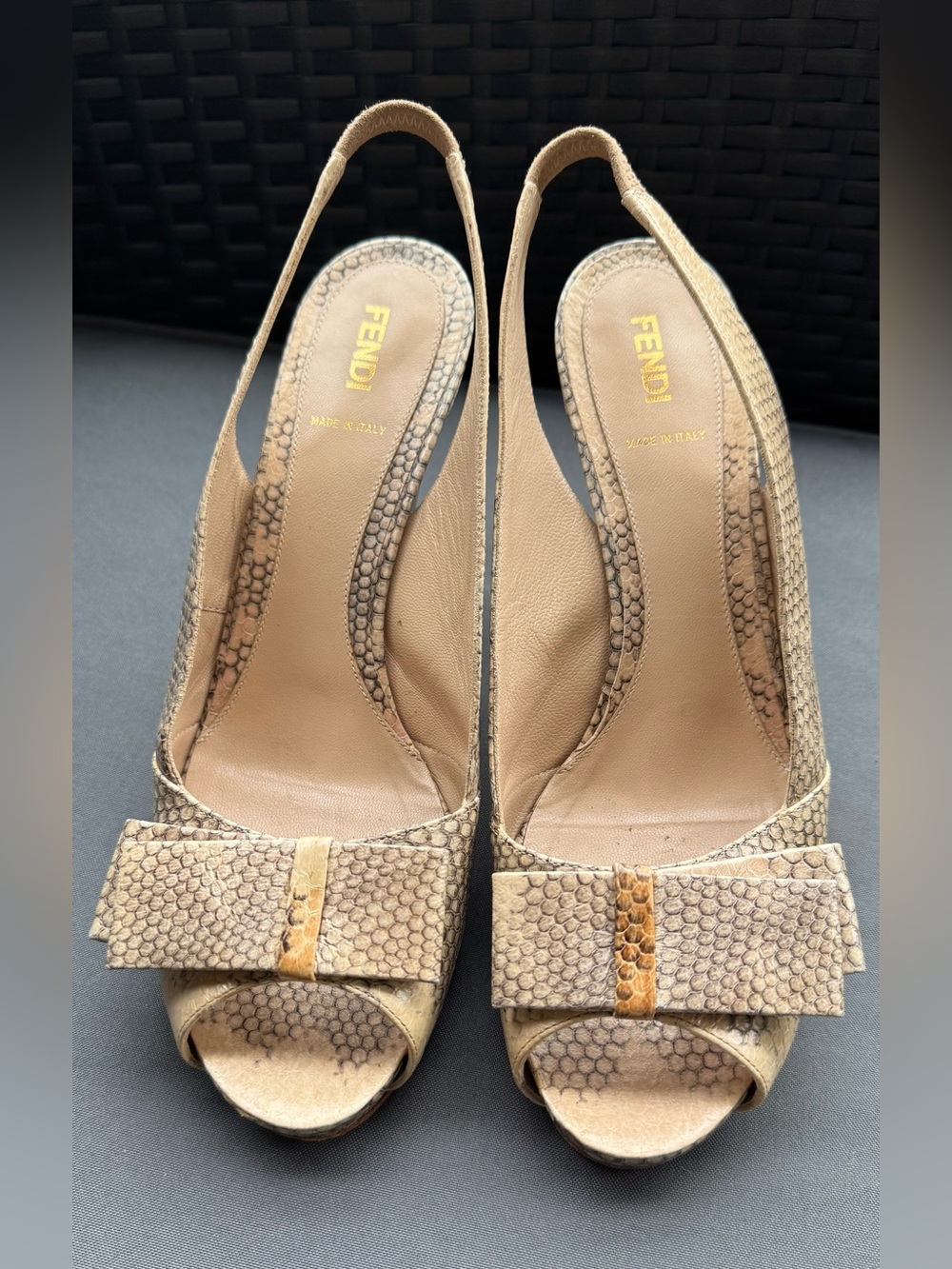 Fendi Snakeskin Leather Bow Slingback Peep Toe Heels | Size 40